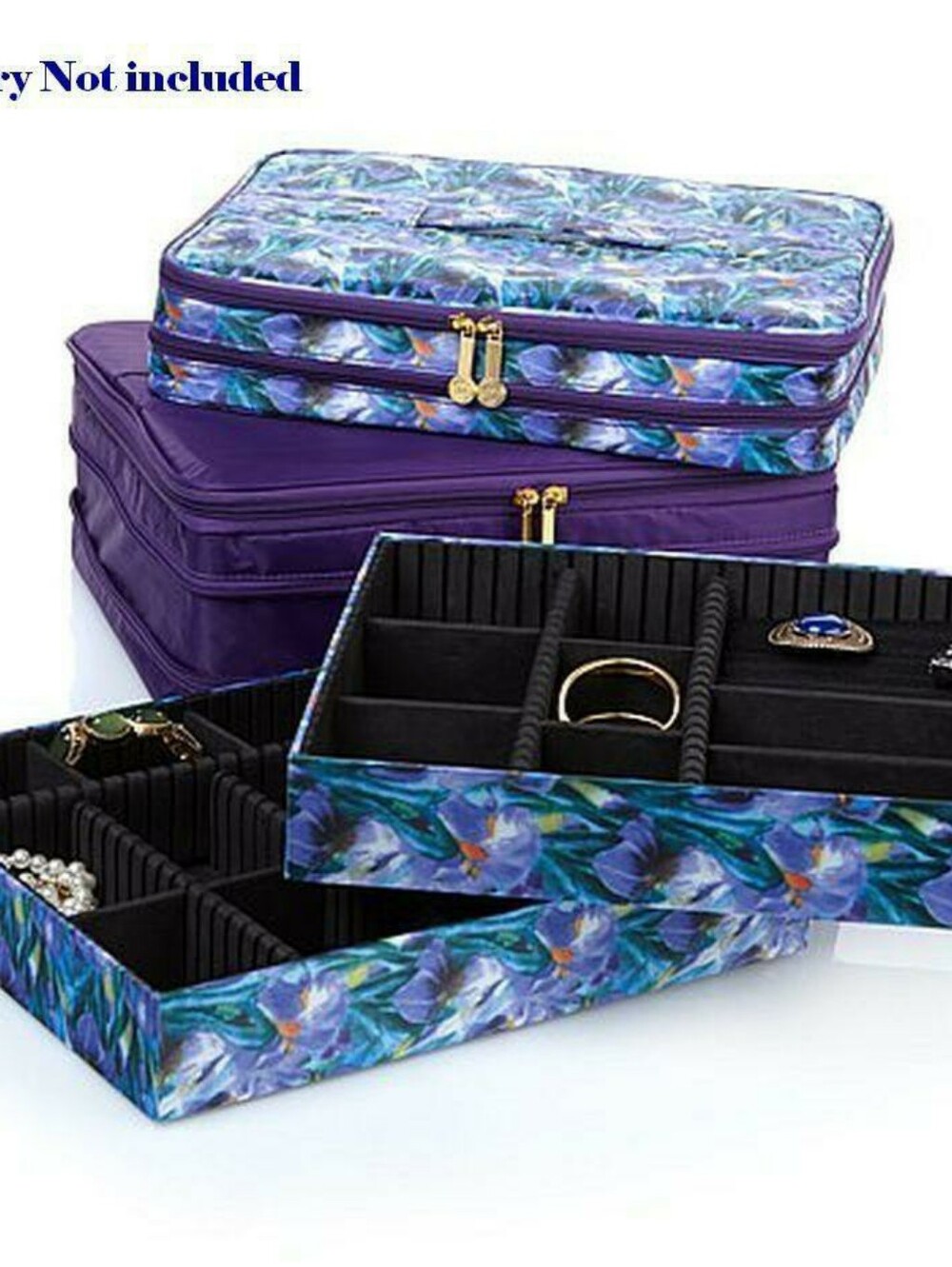 Joy Mangano "Jewel Kit Duo" 2 Tier Jewelry Boxes Watercolor Floral/Violet Purple
